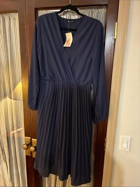 Pleated Wrap-Front Long Sleeve Navy Midi Dress